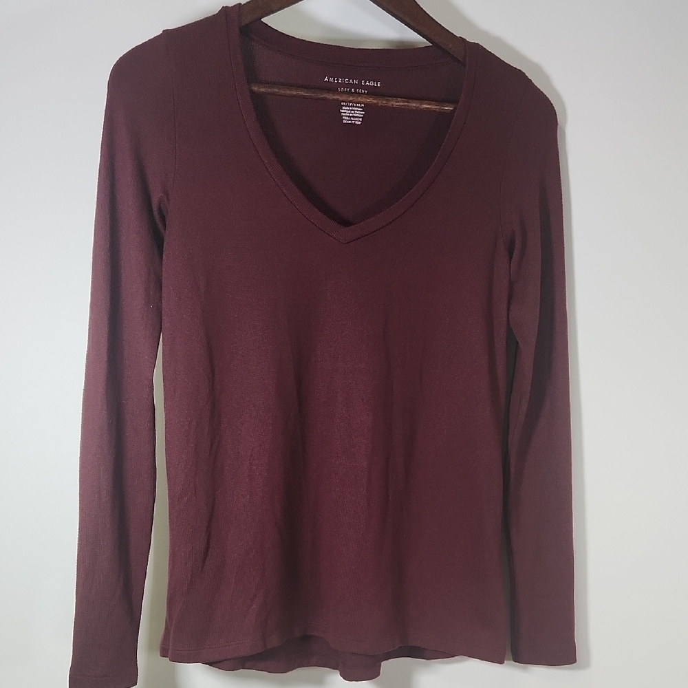 American Eagle Outfitters Burgundy Long Sleeve Fitted Tee